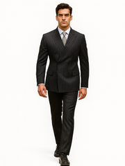 Mens Double Breasted Gangster Bold Pinstripe Suit in Black