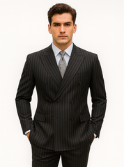 Mens Double Breasted Gangster Bold Pinstripe Suit in Black