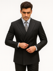 Mens Double Breasted Gangster Bold Pinstripe Suit in Black