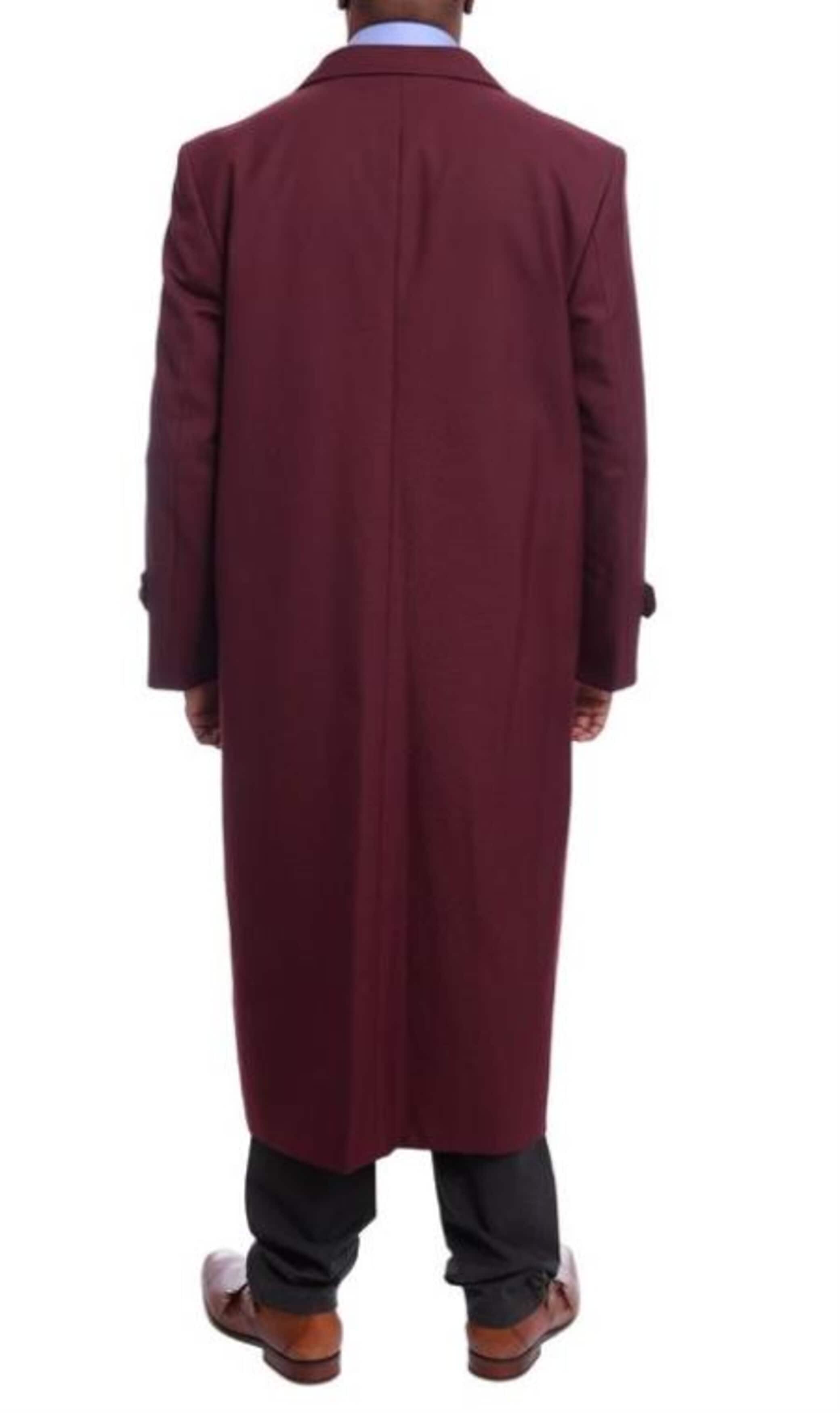 Mens Full Length Overcoat Burgundy Wool Double Breasted Trench Coat 4   - from alligatorwarehouse.com