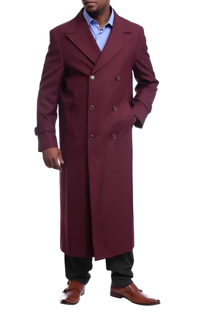 Mens Full Length Overcoat Burgundy Wool Double Breasted Trench Coat 1   - from alligatorwarehouse.com