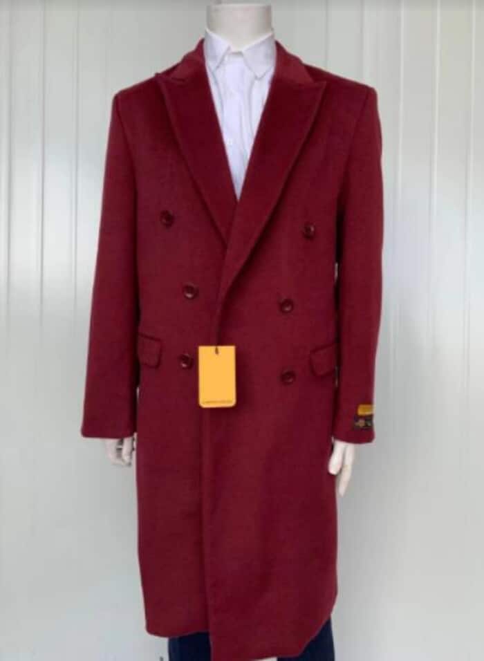 Mens Full Length Wool and Cashmere Overcoat - Winter Topcoats - Burgundy