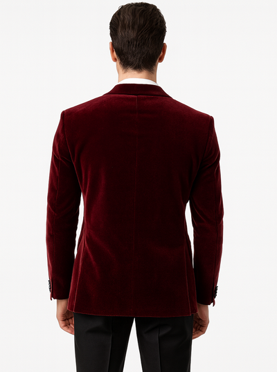 Mens Modern Fit 2 Button Velvet Blazer in Burgundy