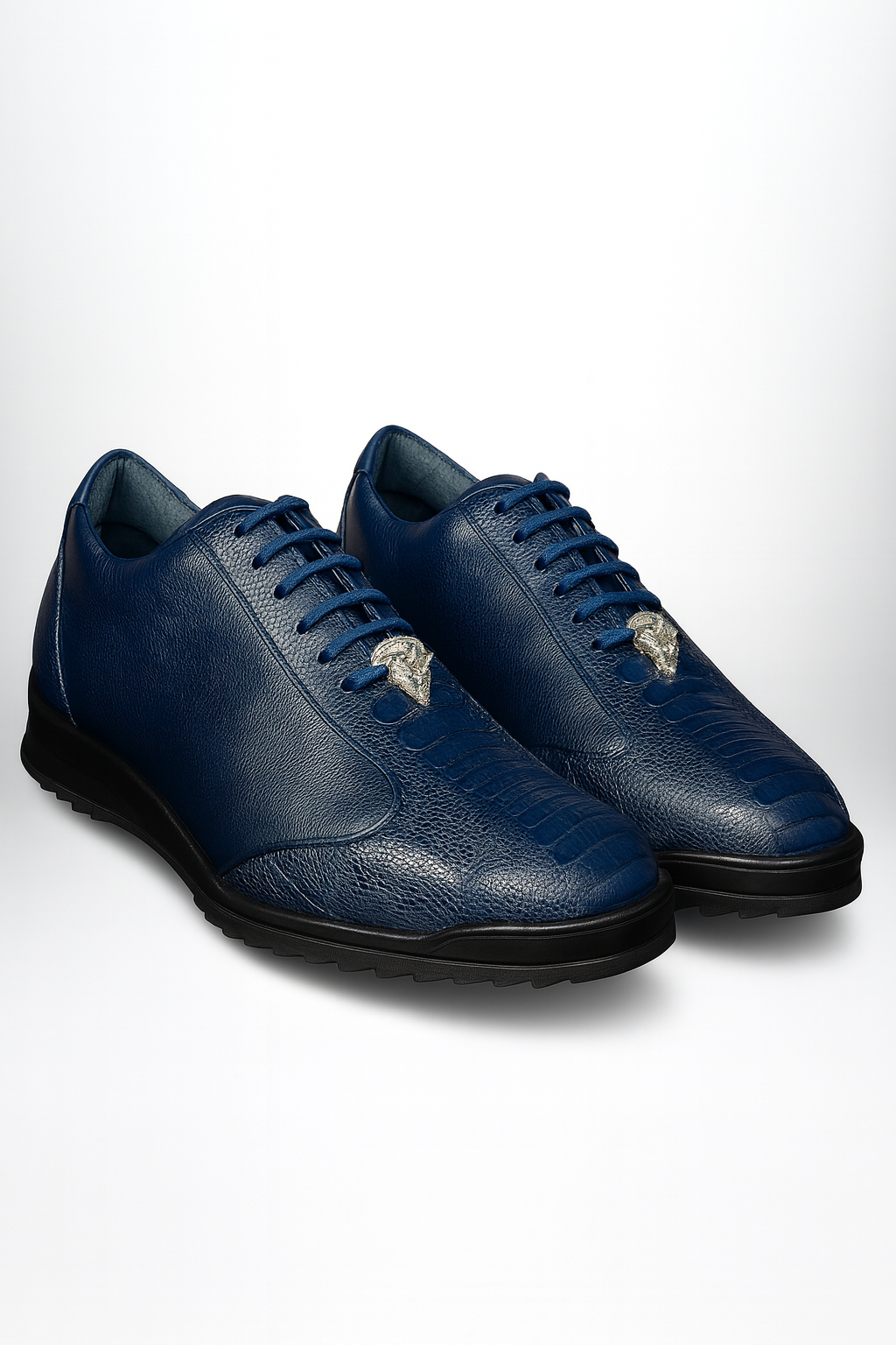 Los Altos Navy Blue Ostrich Leg Lace Up Sneakers 4   - from alligatorwarehouse.com