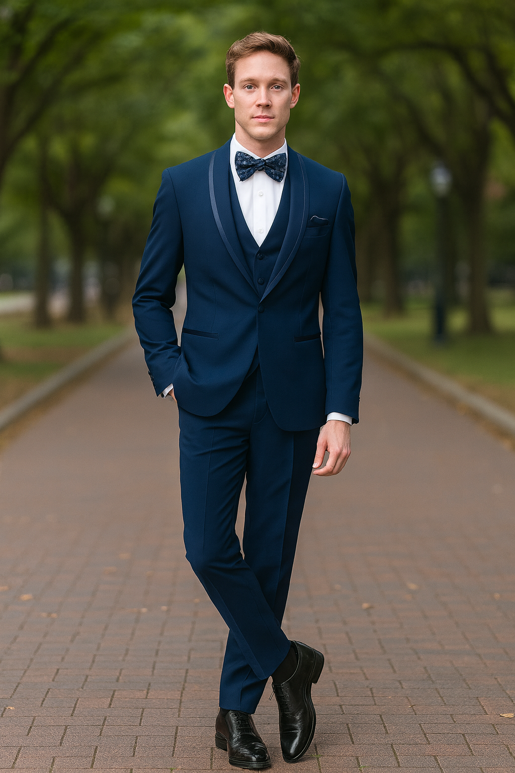 Men’s Navy Blue with Blue Trim Three-Piece Tuxedo with Satin Shawl Lapel and Bow Tie Wedding Suit 4   - from alligatorwarehouse.com