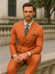 Men’s Orange Pinstripe Double-Breasted Suit – Stylish Formalwear
