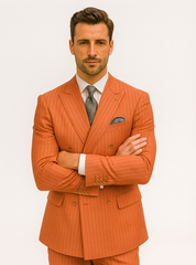 Men’s Orange Pinstripe Double-Breasted Suit – Stylish Formalwear