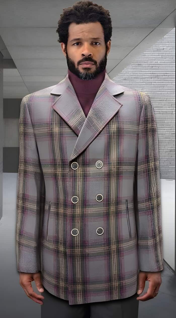 Mens Peacoat - Plaid Overcoats - Wool Carcoat Grey 1   - from alligatorwarehouse.com