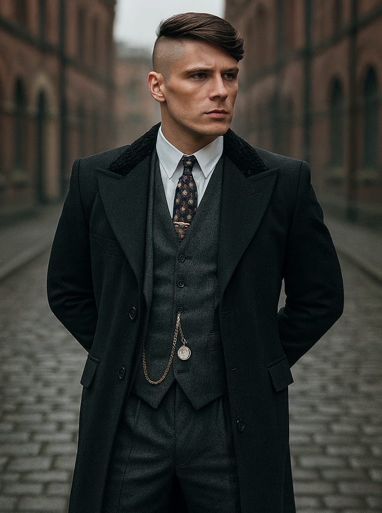 Mens Peaky Blinders Costume Thomas Shelby 3PC Suit & Black Overcoat 1   - from alligatorwarehouse.com