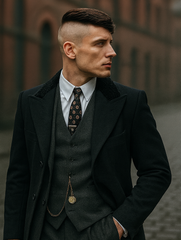 Mens Peaky Blinders Costume Thomas Shelby 3PC Suit & Black Overcoat