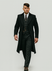 Mens Peaky Blinders Costume Thomas Shelby 3PC Suit & Black Overcoat