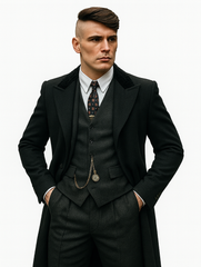 Mens Peaky Blinders Costume Thomas Shelby 3PC Suit & Black Overcoat