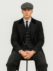 Mens Peaky Blinders Costume Thomas Shelby Black Suit Overcoat & Hat