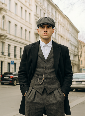 Mens Peaky Blinders Costume Thomas Shelby Grey 3 Piece Suit with Black Overcoat & Hat