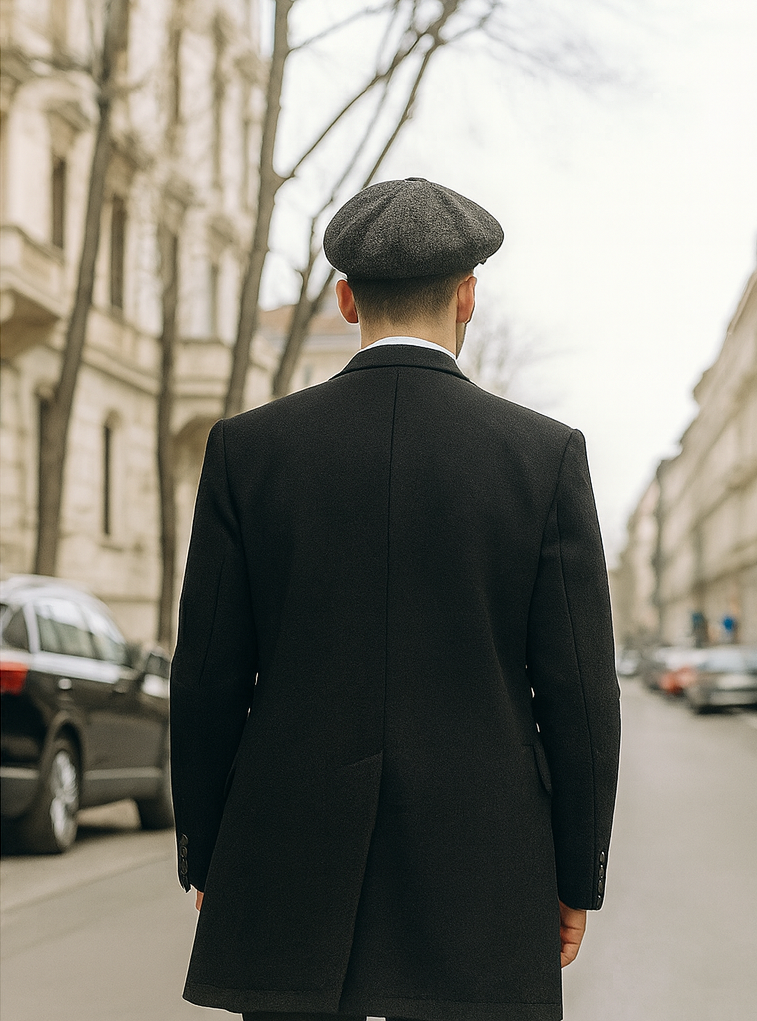 Mens Peaky Blinders Costume Thomas Shelby Grey 3 Piece Suit with Black Overcoat & Hat 3   - from alligatorwarehouse.com