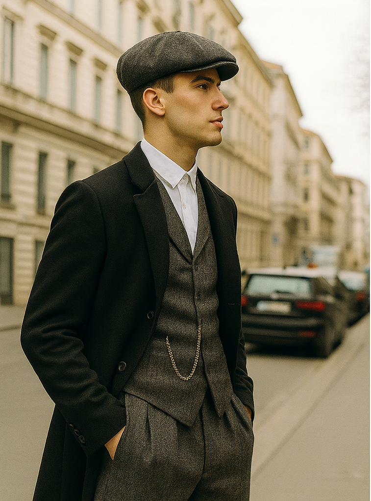 Mens Peaky Blinders Costume Thomas Shelby Grey 3 Piece Suit with Black Overcoat & Hat 4   - from alligatorwarehouse.com