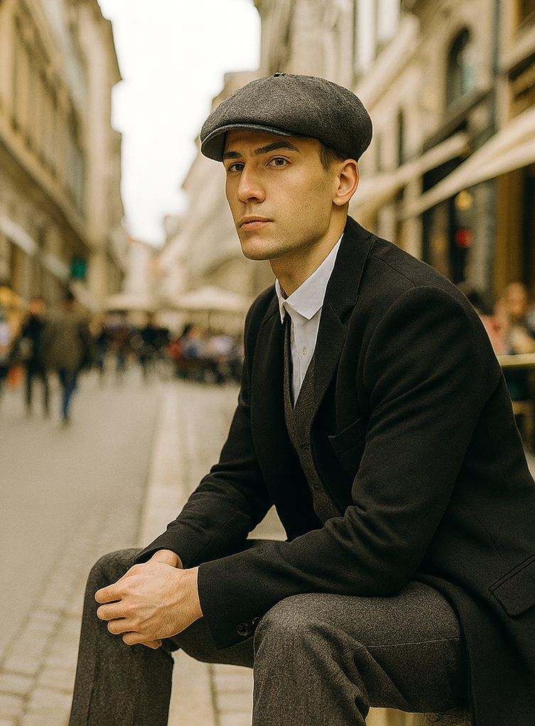 Mens Peaky Blinders Costume Thomas Shelby Grey 3 Piece Suit with Black Overcoat & Hat 5   - from alligatorwarehouse.com