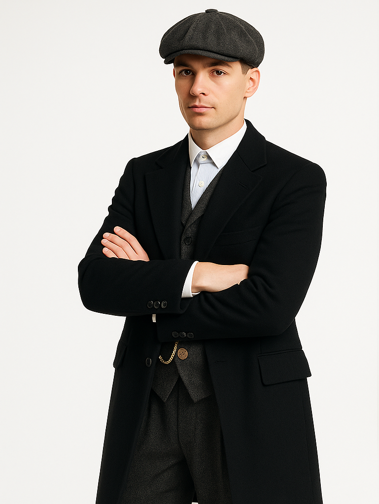 Mens Peaky Blinders Costume Thomas Shelby Grey 3 Piece Suit with Black Overcoat & Hat 6   - from alligatorwarehouse.com