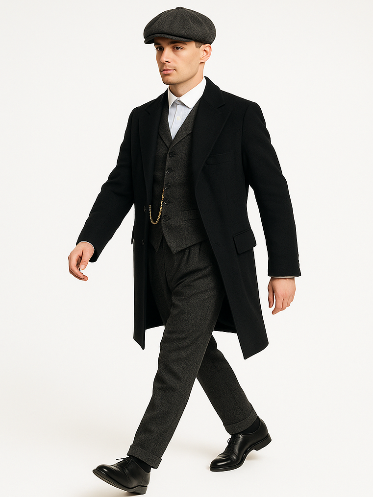 Mens Peaky Blinders Costume Thomas Shelby Grey 3 Piece Suit with Black Overcoat & Hat 7   - from alligatorwarehouse.com