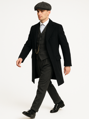 Mens Peaky Blinders Costume Thomas Shelby Grey 3 Piece Suit with Black Overcoat & Hat