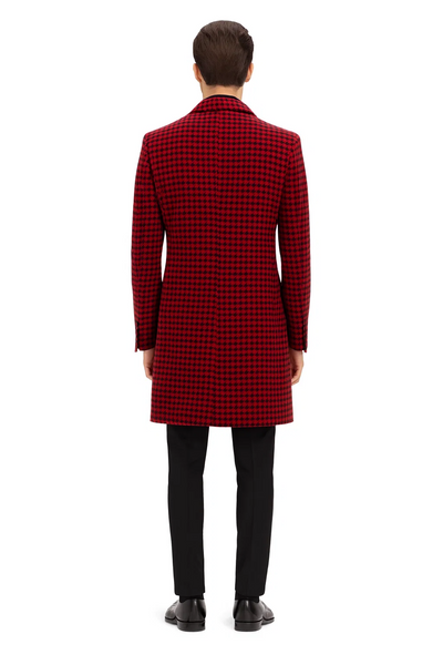 Mens Plaid Overcoat - Houndstooth Single Breasted Checker Pattern Red Topcoat