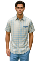 Mens Plaid Walking Suit in Powder Blue by Dreams by Zacchi – 2 Piece Leisure Outfit with Matching Shirt and Pants - $99