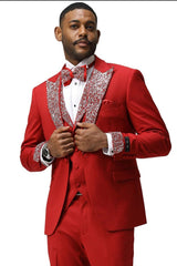 Men’s Red And White Lapel Three-Piece Tuxedo with Sequin Lapel and Matching Bow Tie - Chirstmas Suit