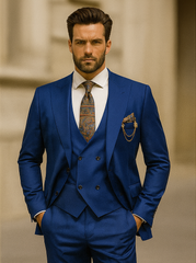 Men’s Royal Blue 3-Piece Suit with Vest and Chain – Modern Formal Wear
