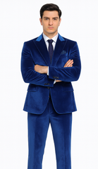 Men’s Royal Blue Velvet Peak Lapel Suit – 2-Piece Skinny Fit Formalwear by Tazzio
