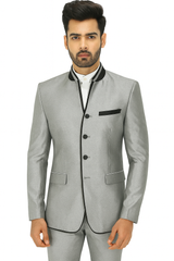 Mens 4 button Mandarin Tuxedo in Sharkskin Silver Grey with Black Trim
