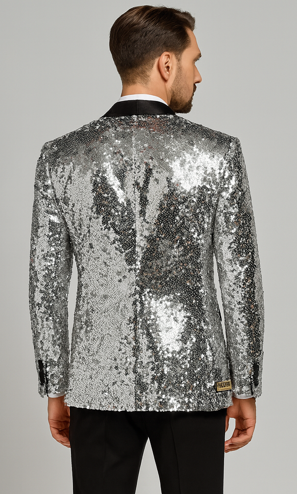 Men’s Silver Sequin Tuxedo Jacket with Black Satin Lapel – Event Blazer 3   - from alligatorwarehouse.com