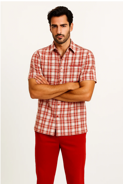 Mens Textured Plaid Walking Suit in Red/Off White by Dreams by Zacchi – 2 Piece Leisure Outfit with Matching Shirt and Pants - $99