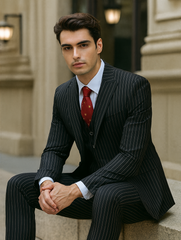 Mens Vested Gangster Pinstripe 1920's Suit in Black