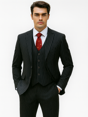 Mens Vested Gangster Pinstripe 1920's Suit in Black