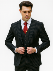 Mens Vested Gangster Pinstripe 1920's Suit in Black