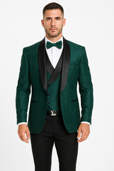 Men’s Hunter Green Vested Tuxedo – Floral Lace Designer Wedding Suit