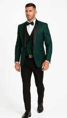Men’s Hunter Green Vested Tuxedo – Floral Lace Designer Wedding Suit