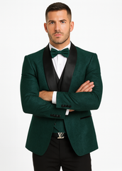 Men’s Hunter Green Vested Tuxedo – Floral Lace Designer Wedding Suit