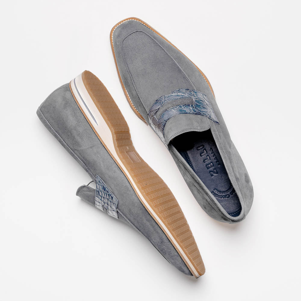 Zelli Meo 3 Suede and Genuine Crocodile Penny Loafers in Gray