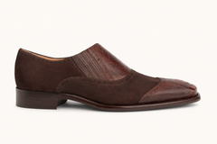 Brown Ostrich and English Suede Gored Slip On Dress Shoes for men By Mezlan Made In Spain Brand