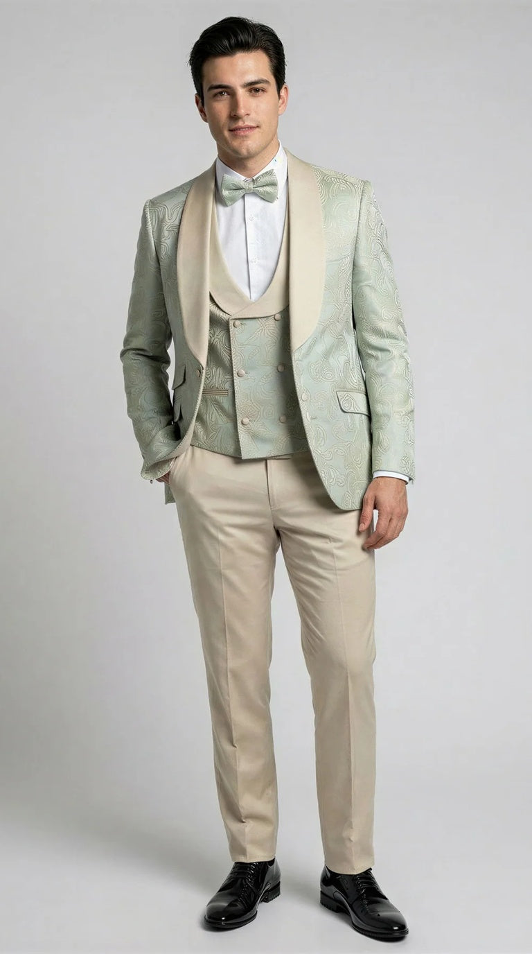 Men's Sage Floral Shawl Lapel Tuxedo Set for Wedding & Prom