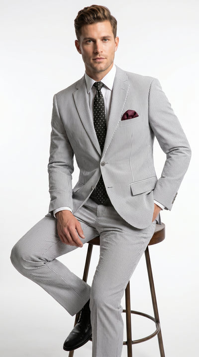 Men’s Black Pinstripe Summer Seersucker 2 Piece Suit with Jacket and Pants