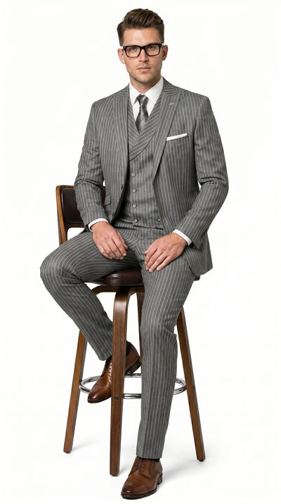 Men’s Grey Pinstripe Double Breasted Vest Suit 2 Button Gangster Style Formal Suit