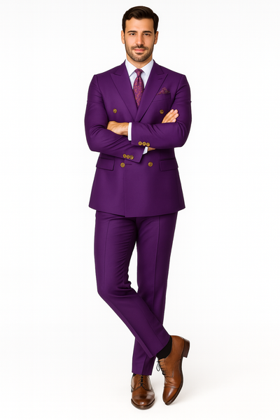 Mens Designer Modern Fit Double Breasted Wool Suit with Gold Buttons in Purple 4 AZ-4189  - from alligatorwarehouse.com