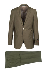 Tiglio Italian Suit - Real Wool Fabric Super 150's Novello Olive, Modern Fit Suit in Color Olive
