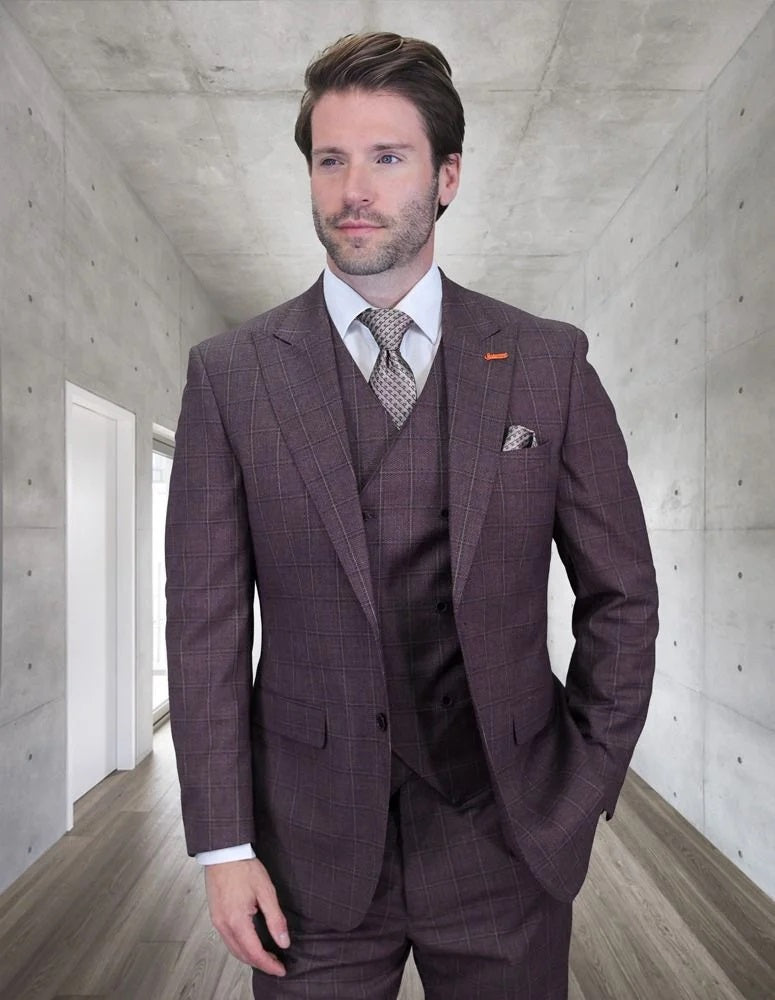 Statement Men's 3-Piece Modern Fit Suit – 100% Wool with Double-Breasted V-Neck Vest 1 MONTE-EGGPLANT-34S  - from alligatorwarehouse.com