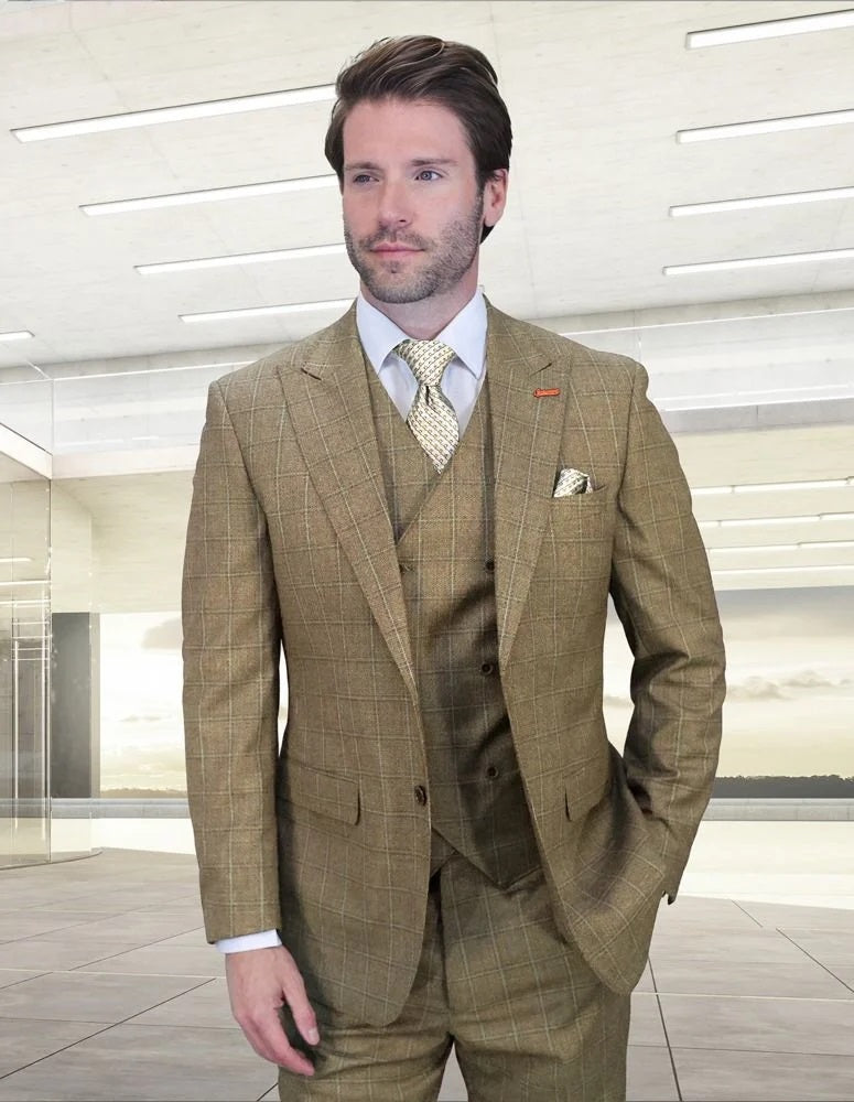 Statement Men's 3-Piece Modern Fit Suit – 100% Wool with V-Neck Double-Breasted Waistcoat 2 MONTE-OLIVE-34S  - from alligatorwarehouse.com