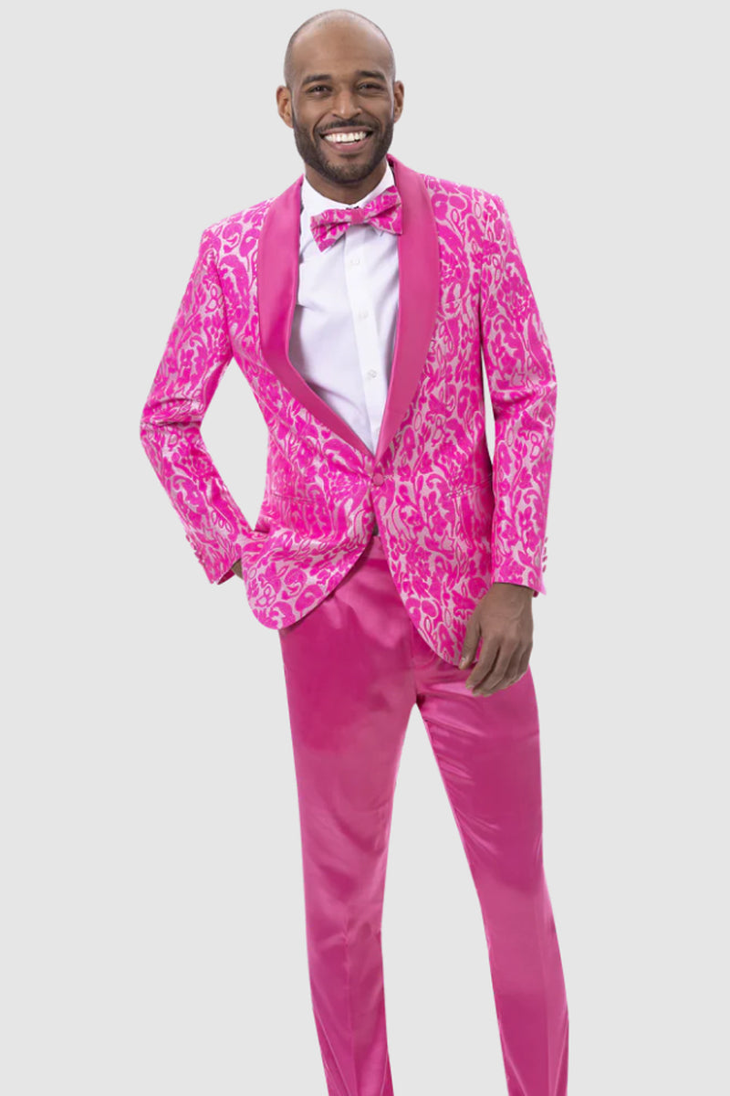 Mens Slim Fit Two Piece Brocade Paisely Prom Tuxedo in Hot Pink Fuschia 1 JP114-Pink-42  - from alligatorwarehouse.com