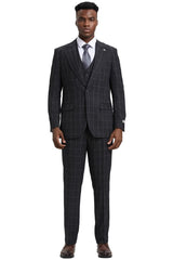 Men's Stacy Adams Vest Classic Bold Windowpane Suit in Dark Charcoal Grey