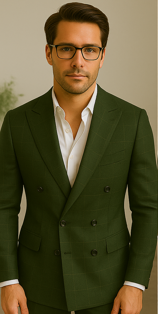 Wool Suit - Italian Made Business Suit by Statement Men's 100% Wool 2 Piece Suit - Double Breasted Windowpane 8 SD-103_Brown_38R  - from alligatorwarehouse.com